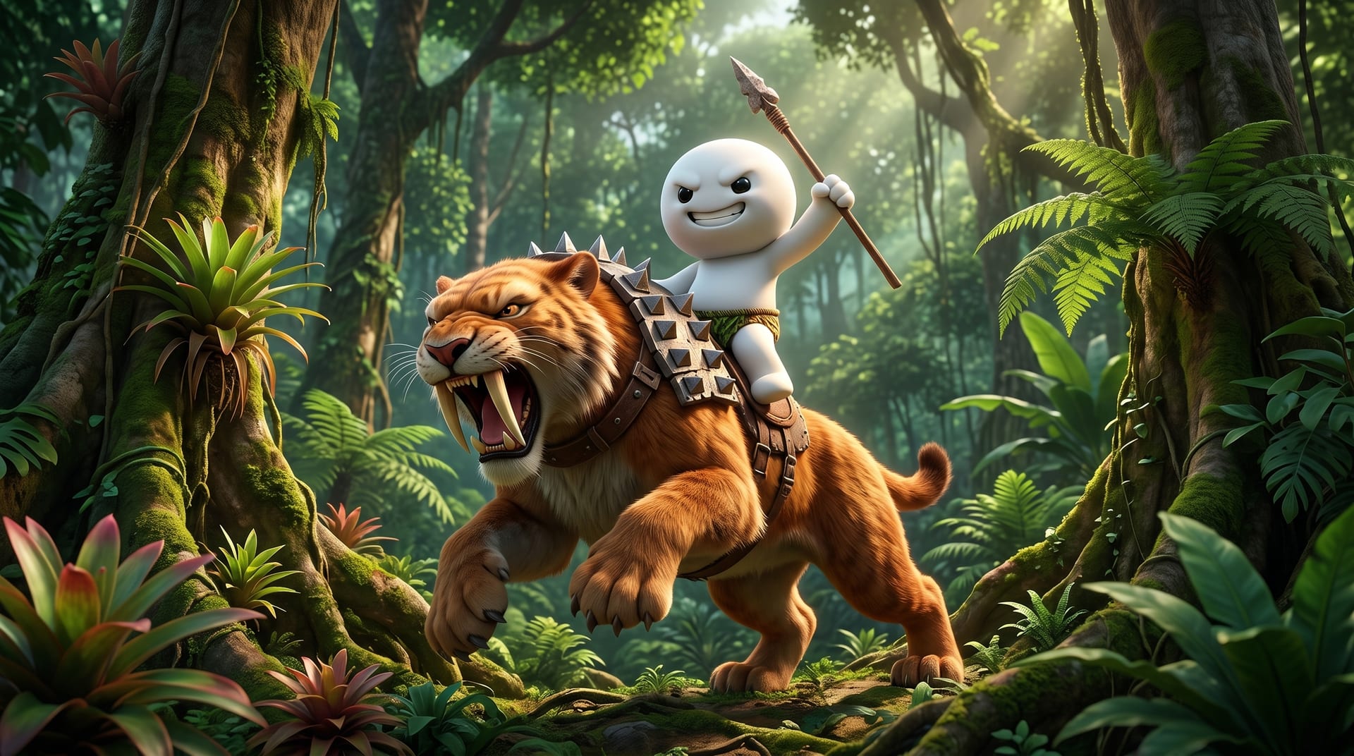 Muji chevauche un tigre à dents de sabre harnaché, une lance à la main, dans une jungle dense